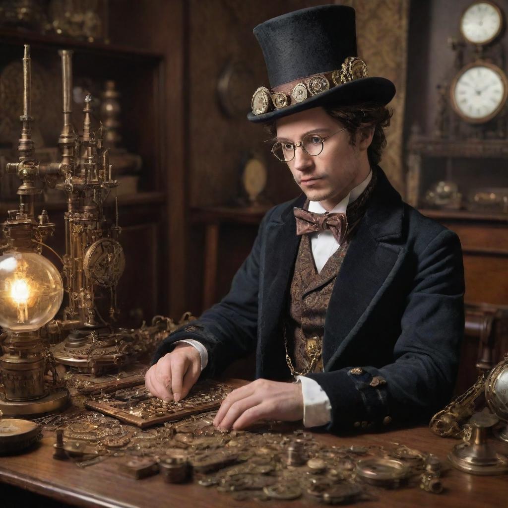 A hacker immersed in a steampunk setting, clad in Victorian-era clothing, with a fascinating array of clockwork gadgets and mechanical devices designed for codebreaking and encryption.