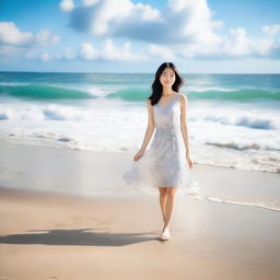 A serene scene of an Asian woman standing on a beautiful beach