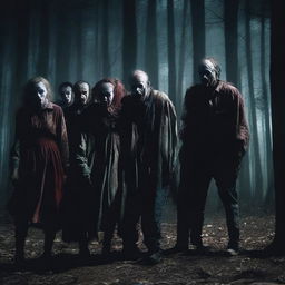 A group of six people, two women and four men, are huddled together in fear as they encounter a terrifying zombie clown in a dark forest at night