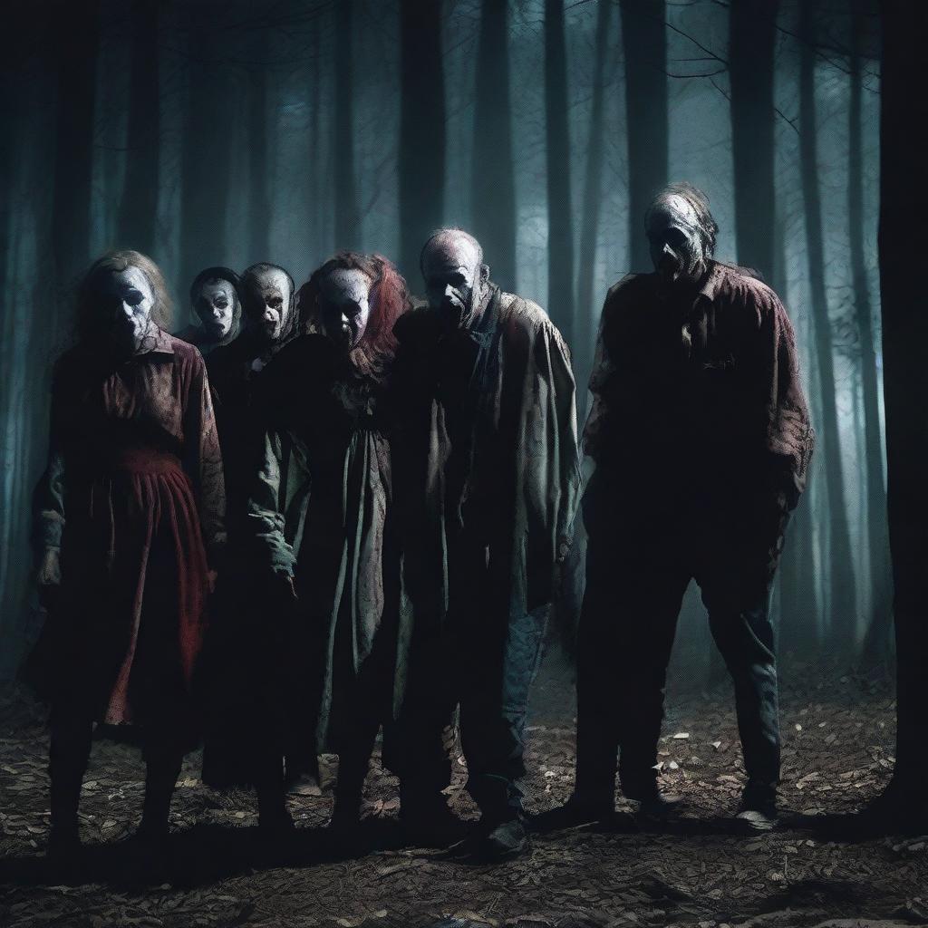 A group of six people, two women and four men, are huddled together in fear as they encounter a terrifying zombie clown in a dark forest at night