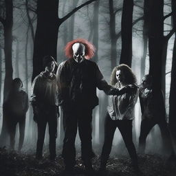 A group of six people, two women and four men, are huddled together in fear as they encounter a terrifying zombie clown in a dark forest at night