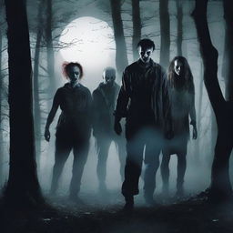 A group of six people, two women and four men, are huddled together in fear as they encounter a terrifying zombie clown in a dark forest at night