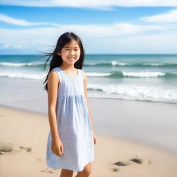 A peaceful scene of a 12-year-old Asian girl standing on a beautiful beach