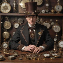 A hacker immersed in a steampunk setting, clad in Victorian-era clothing, with a fascinating array of clockwork gadgets and mechanical devices designed for codebreaking and encryption.