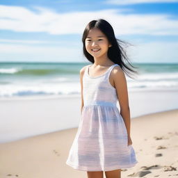 A peaceful scene of a 12-year-old Asian girl standing on a beautiful beach