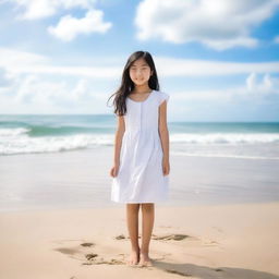 A peaceful scene of a 12-year-old Asian girl standing on a beautiful beach