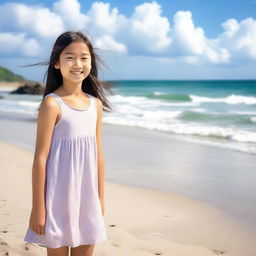 A peaceful scene of a 12-year-old Asian girl standing on a beautiful beach