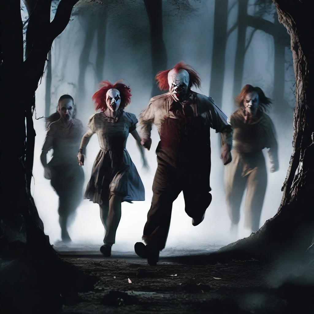 A group of six people, consisting of two women and four men, are running in fear from a terrifying zombie clown in a dark forest at night