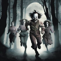 A group of six people, consisting of two women and four men, are running in fear from a terrifying zombie clown in a dark forest at night