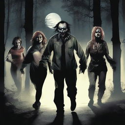 A group of six people, consisting of two women and four men, are running in fear from a terrifying zombie clown in a dark forest at night