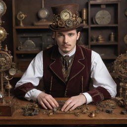 A hacker immersed in a steampunk setting, clad in Victorian-era clothing, with a fascinating array of clockwork gadgets and mechanical devices designed for codebreaking and encryption.