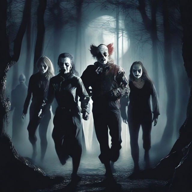 A group of six people, consisting of two women and four men, are running in fear from a terrifying zombie clown in a dark forest at night