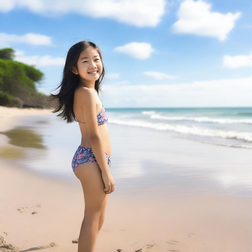 A peaceful scene of a 12-year-old Asian girl standing on a beautiful beach