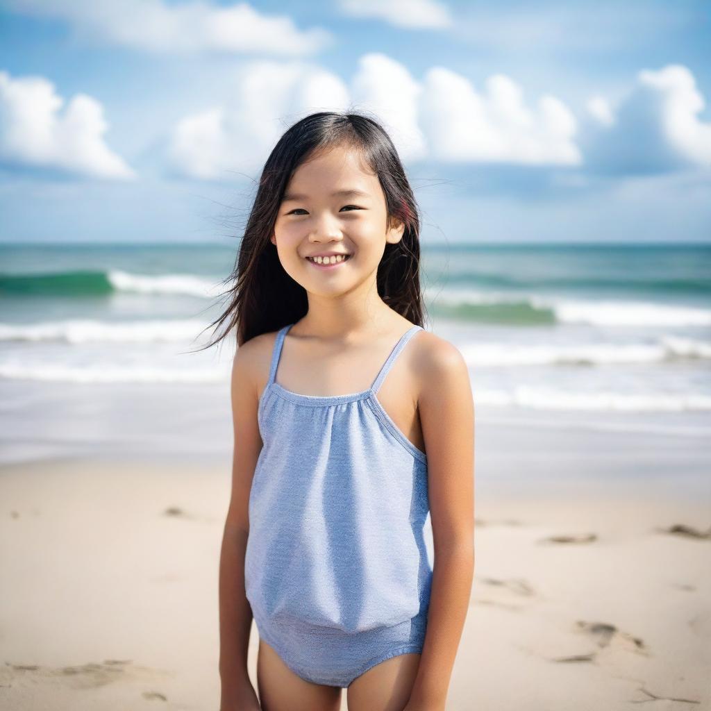 A peaceful scene of a 12-year-old Asian girl standing on a beautiful beach