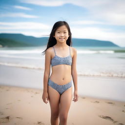 A peaceful scene of a 12-year-old Asian girl standing on a beautiful beach