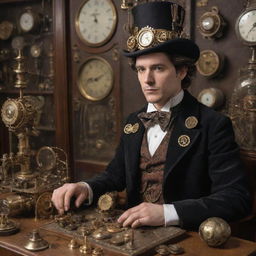 A hacker immersed in a steampunk setting, clad in Victorian-era clothing, with a fascinating array of clockwork gadgets and mechanical devices designed for codebreaking and encryption.