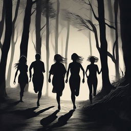 A group of six people, consisting of two women and four men, are running through a dark and eerie forest at night