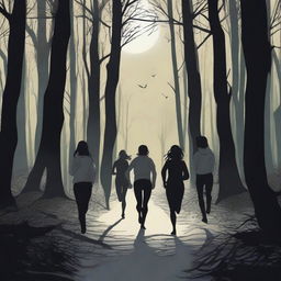 A group of six people, consisting of two women and four men, are running through a dark and eerie forest at night