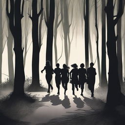 A group of six people, consisting of two women and four men, are running through a dark and eerie forest at night