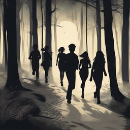 A group of six people, consisting of two women and four men, are running through a dark and eerie forest at night