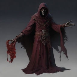 A male gaunt, lich figure with sunken eyes that glow with a malevolent crimson light