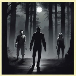 A scene in a dark forest at night featuring two women and four men who look scared