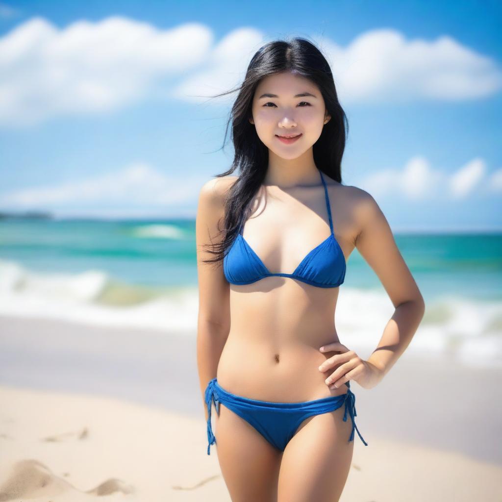 An 18-year-old Asian girl standing on a beautiful beach