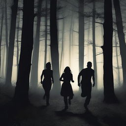 A dark and eerie forest at night with two women and four men running scared