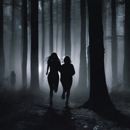 A dark and eerie forest at night with two women and four men running scared