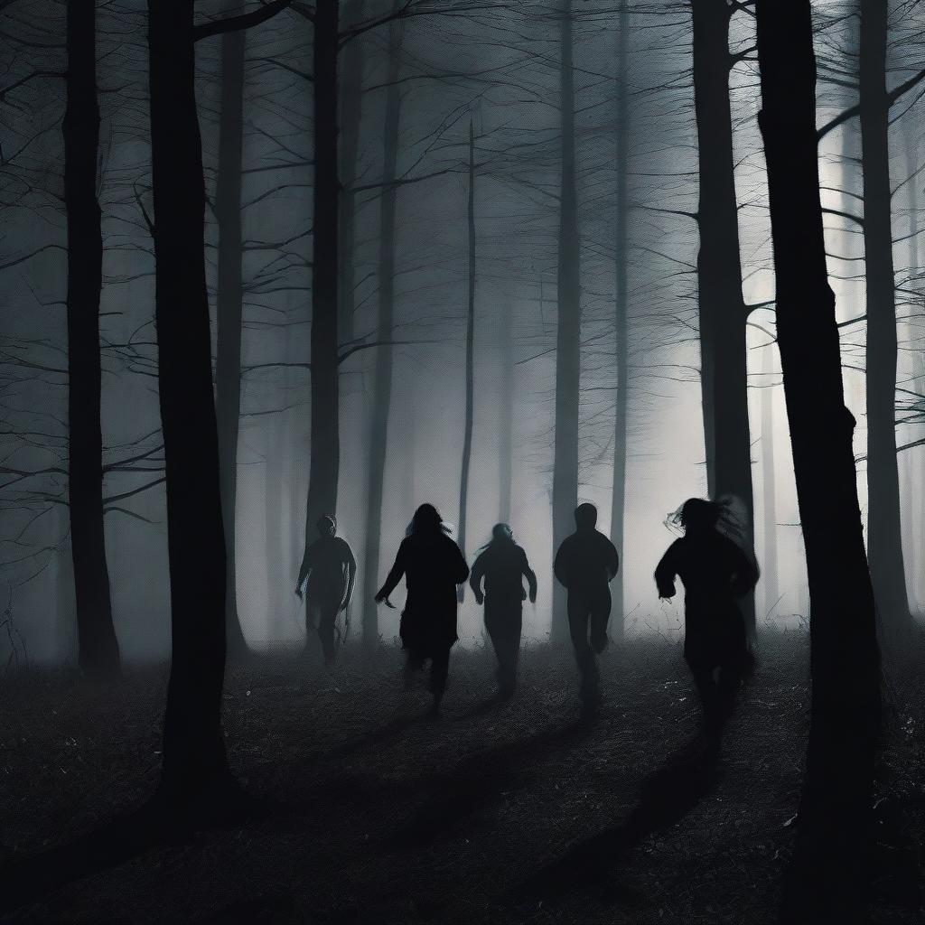 A dark and eerie forest at night with two women and four men running scared