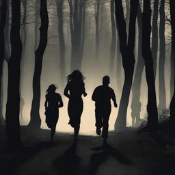 A dark and eerie forest at night with two women and four men running scared