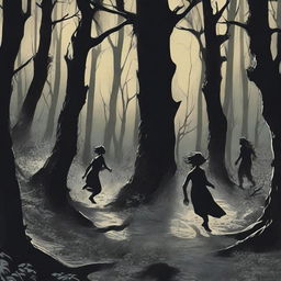 A scene depicting two women and four men running scared through a dark forest at night