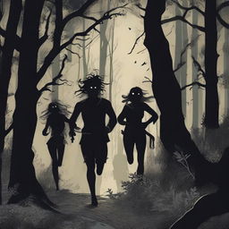 A scene depicting two women and four men running scared through a dark forest at night