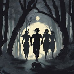 A scene depicting two women and four men running scared through a dark forest at night