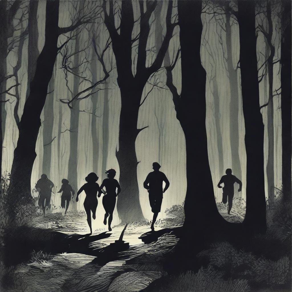 A scene depicting two women and four men running scared through a dark forest at night