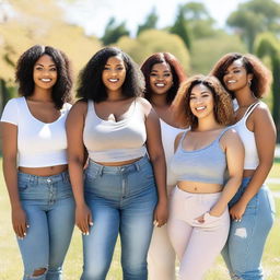 A group of women with large breasts, standing together in a casual setting