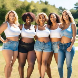 A group of women with large breasts, standing together in a casual setting