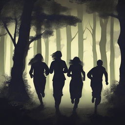 A scene depicting two women and four men running scared through a dark forest at night