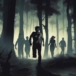 A scene depicting two women and four men running scared through a dark forest at night