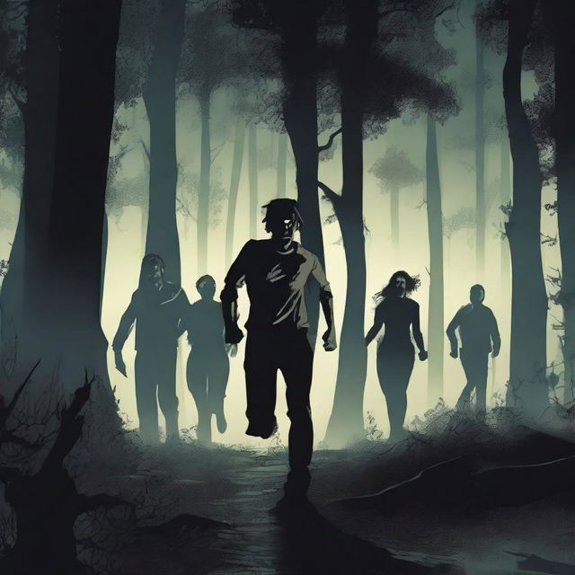 A scene depicting two women and four men running scared through a dark forest at night