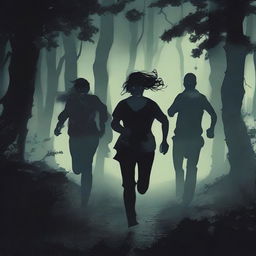 A scene depicting two women and four men running scared through a dark forest at night