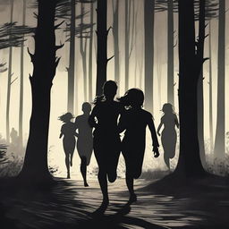 A group of two women and four men running scared through a dark forest at night