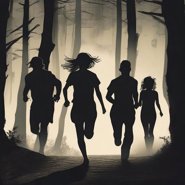 A group of two women and four men running scared through a dark forest at night