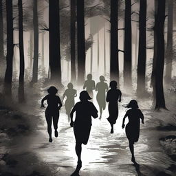 A group of two women and four men running scared through a dark forest at night