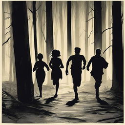 A group of two women and four men running scared through a dark forest at night