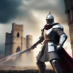 A valiant knight clad in shining armor, wielding a large, impressive sword