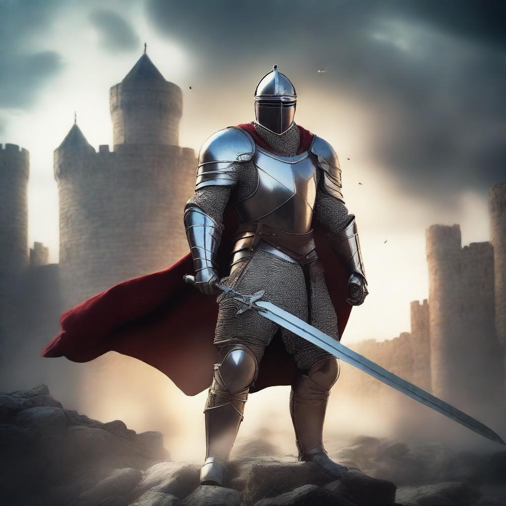 A valiant knight clad in shining armor, wielding a large, impressive sword