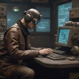 A hacker characterized by dieselpunk aesthetic, surrounded by retro-futuristic machinery with a rugged and industrial feel, working on vintage computers with an atmosphere of grit and determination.