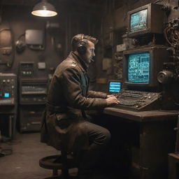 A hacker characterized by dieselpunk aesthetic, surrounded by retro-futuristic machinery with a rugged and industrial feel, working on vintage computers with an atmosphere of grit and determination.