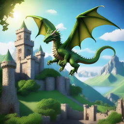 A majestic dragon soaring over a medieval castle with knights in shining armor standing guard